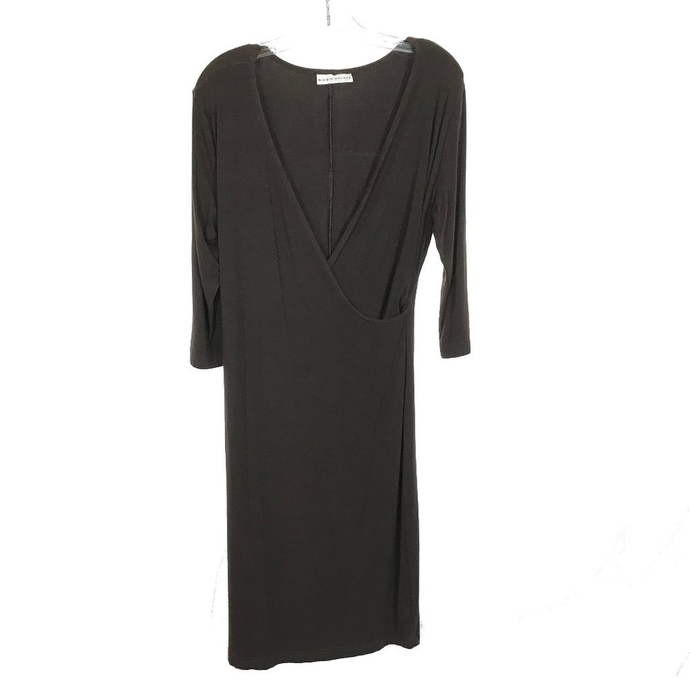 Womens Size Large Bryn Walker Brown Faux Wrap Stretch Midi Dress Made in USA